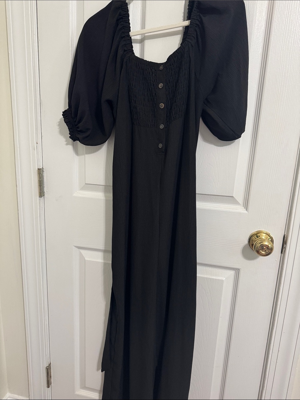 bobeau Black Puff Sleeve Jumpsuit with Smocked Bodice